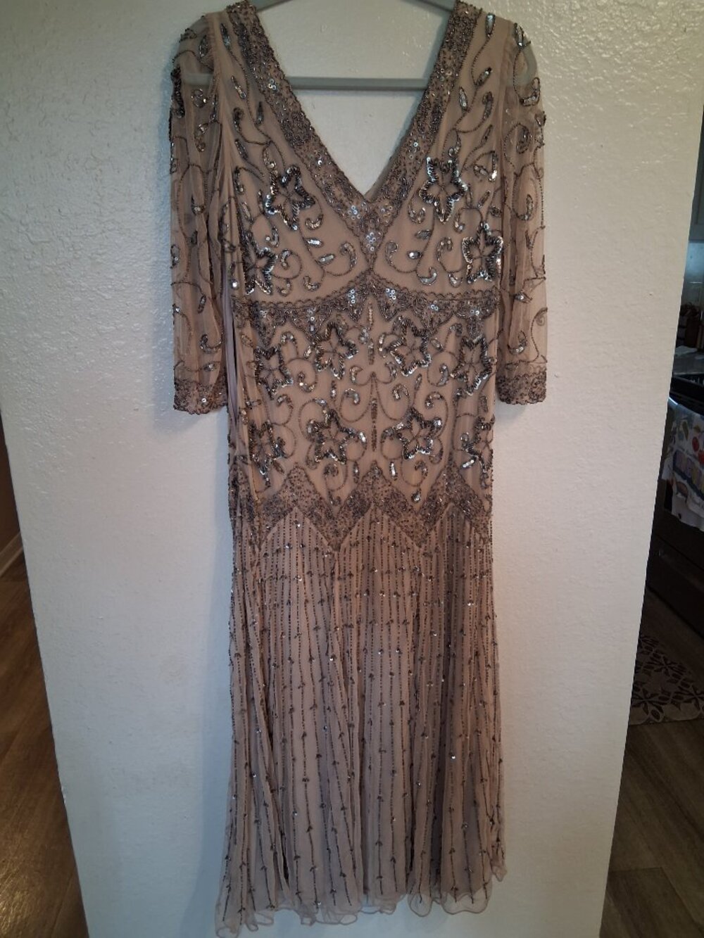 Pisarro Nights, V-Neck, Size 16, Hand Sewn Sequence and Beaded Cocktail Dress